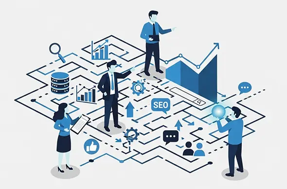 تصویر وکتور تیم تیاسوشال در حال تدوین استراتژی‌های پیچیده دیجیتال مارکتینگ و سئو